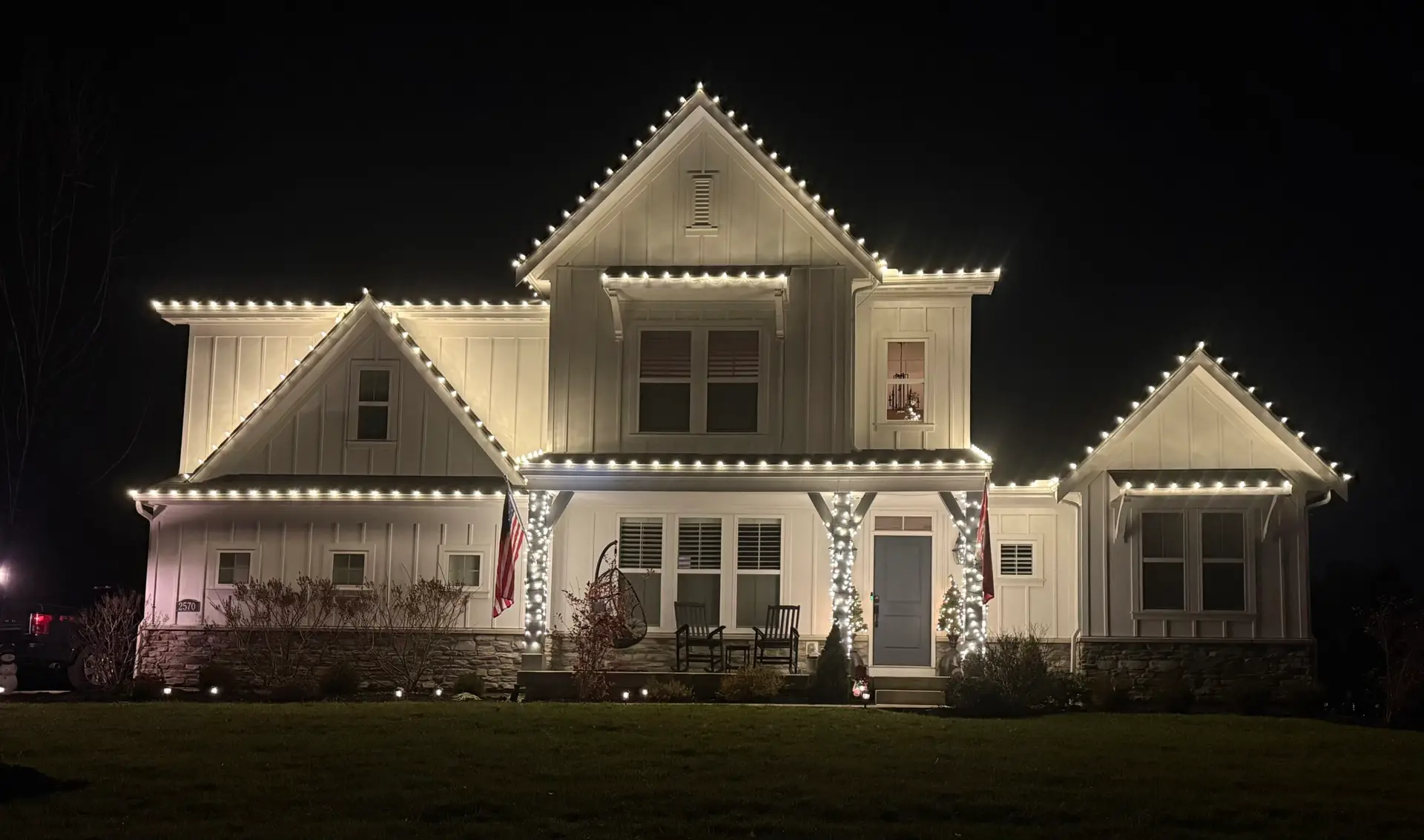 Professionally installed holiday lights on a home
