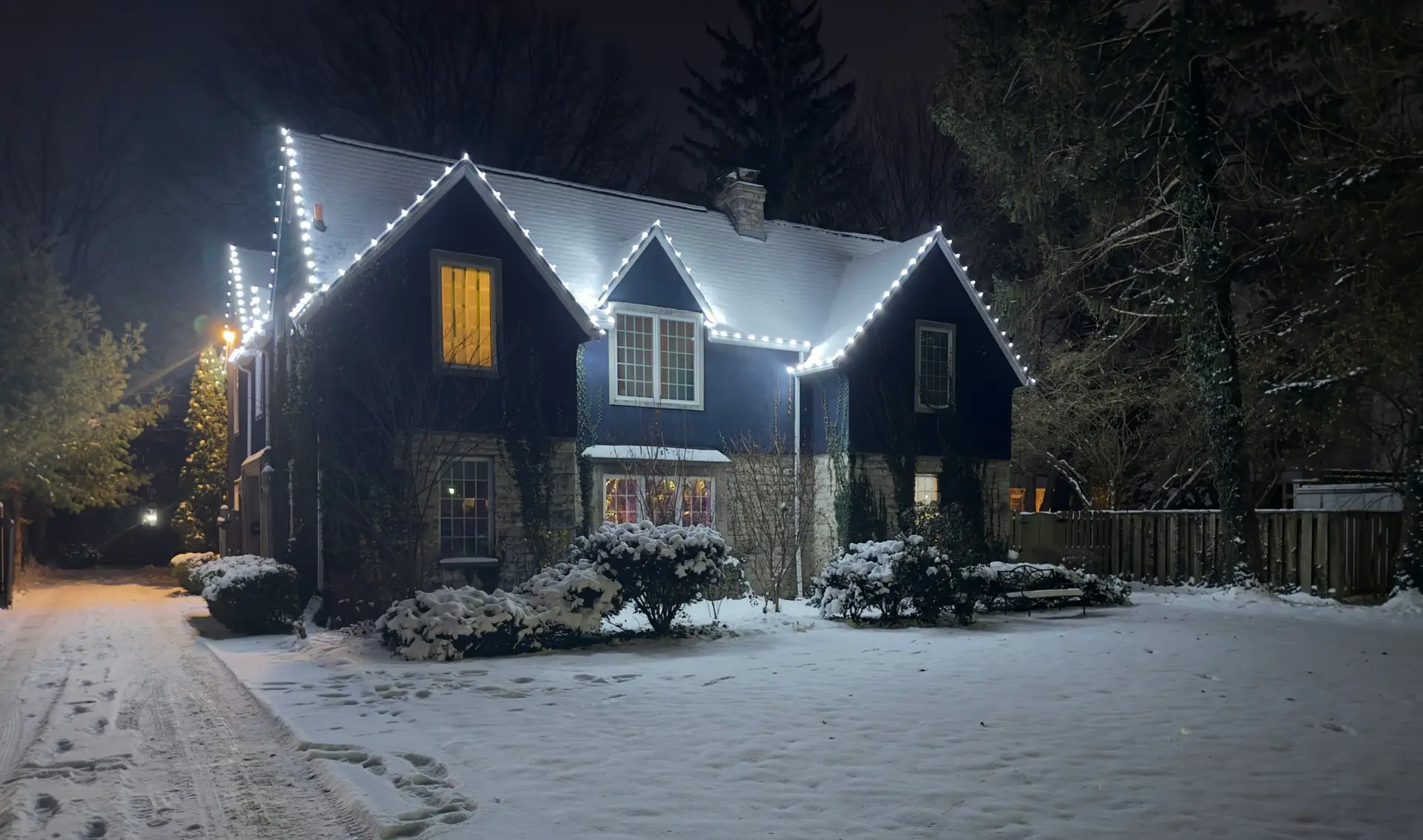 Christmas lighting installation photographed at night